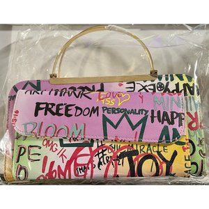 MultiColor Graffiti Print Round Top Handle Crossbody Bag Clutch Wallet